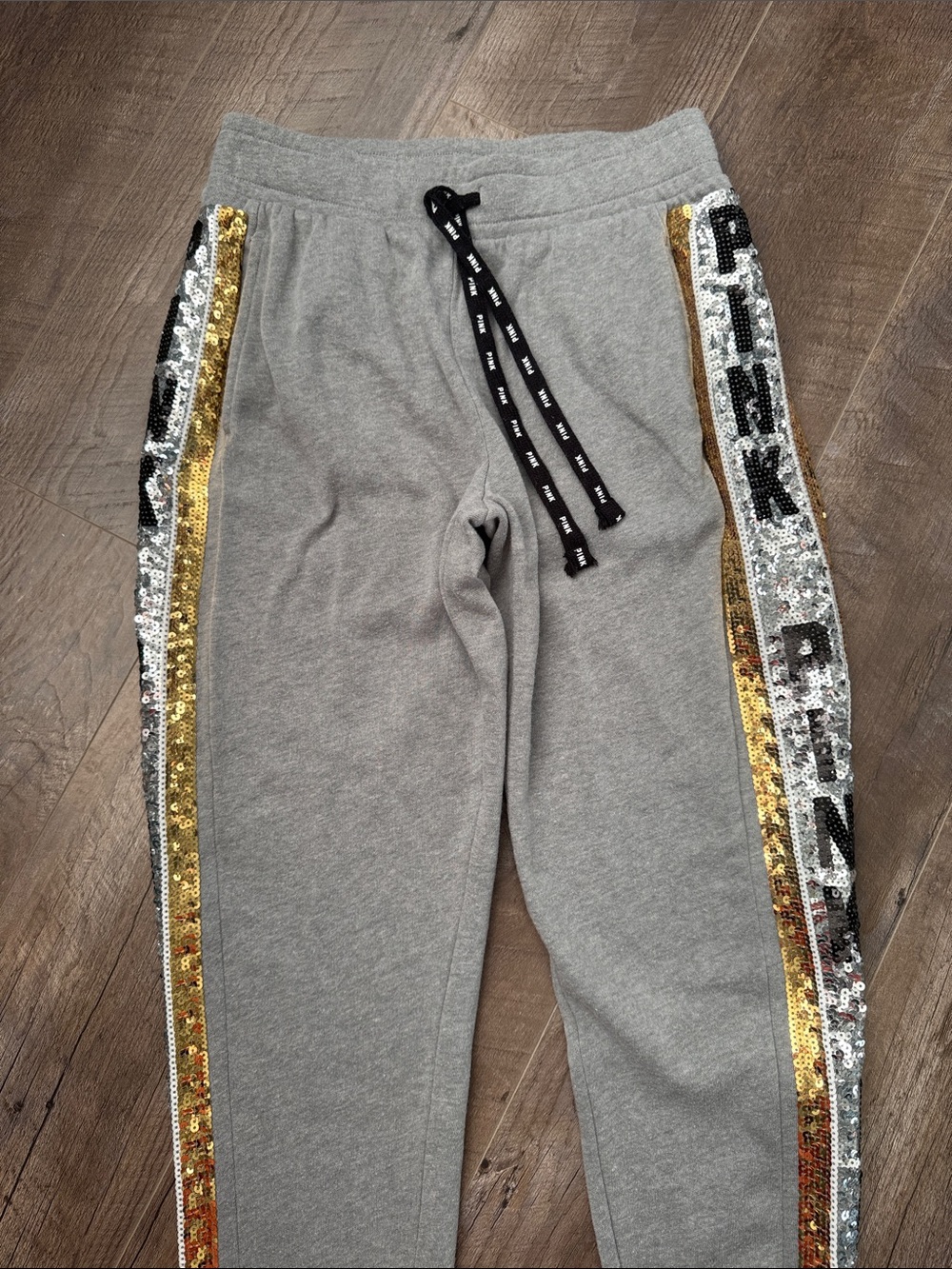 PINK Victoria's Secret Gray Sweatpants with Gold & Silver Sequin Side Trim